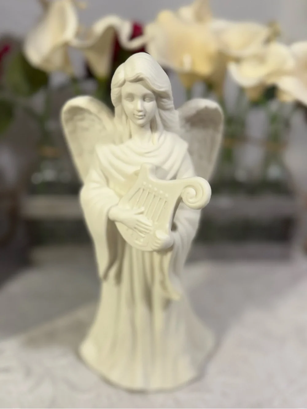 PartyLite Lyrical Angel Playing Harp Bisque Porcelain Taper Candle Holder P0461